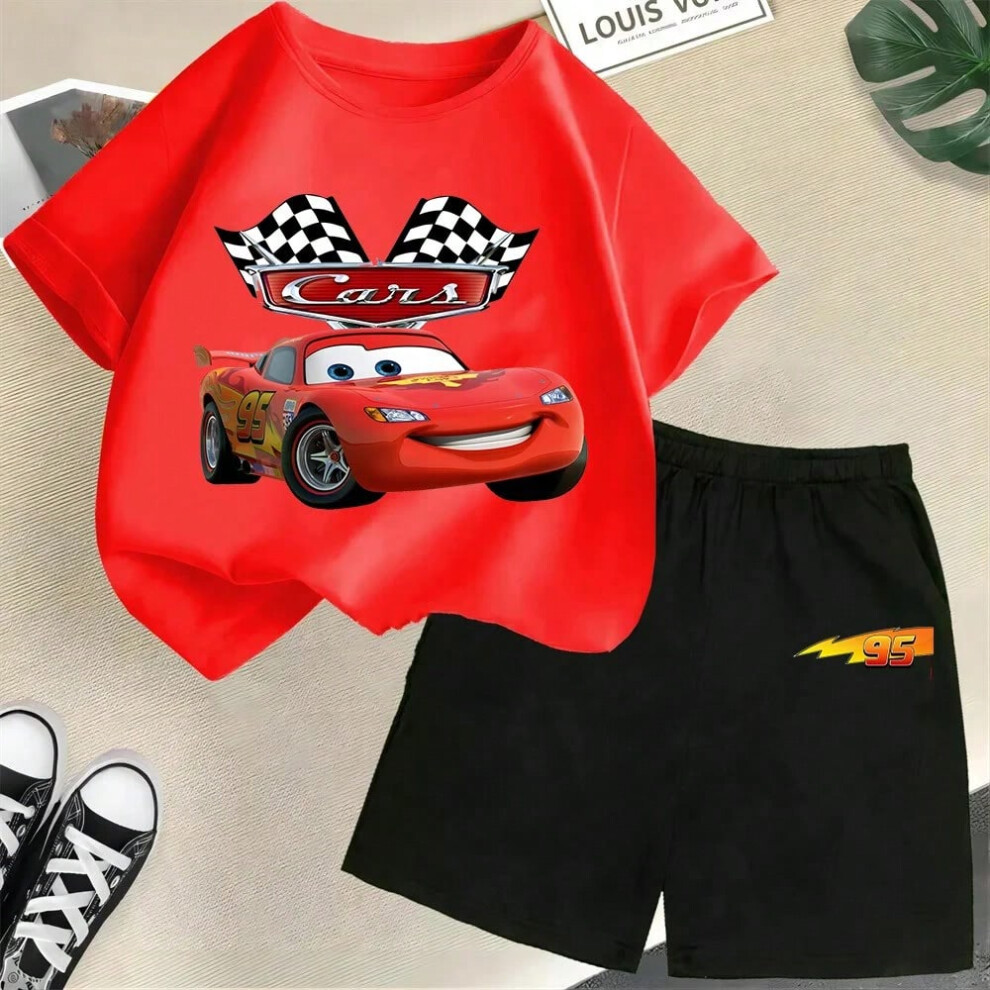 (12, 110cm) Disney summer new children's cartoon T-shirt set Lightning McQueen cotton summer boy and girl clothing casual children's wear-image-OPC-PHM2T79-NEW