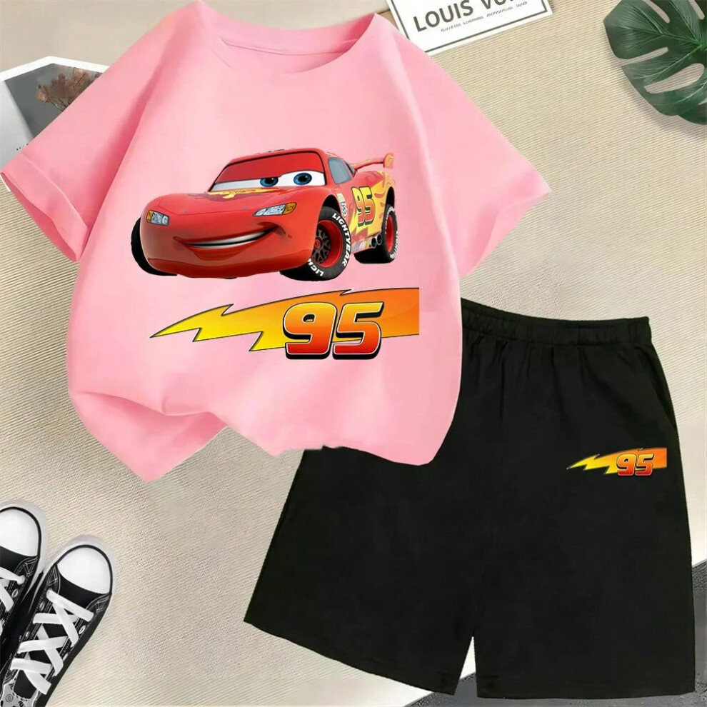 (5, 130cm) Disney summer new children's cartoon T-shirt set Lightning McQueen cotton summer boy and girl clothing casual children's wear-image-OPC-PHM2VJH-NEW