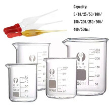 50 ml–500 ml borosilikatglasbägare med låg form och 30 ml glasdroppar, kemilabb, tung vägg