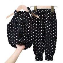 (4-5 Years, White) 2pcs Kids Girls Polka Dot Bowknot Sleeveless Blouse + Pants Outfits Set