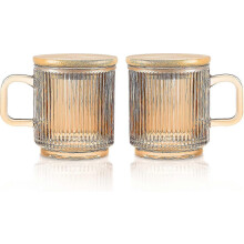 (Brun) Skimrande glasmuggar, set med 2 st, räfflade kaffeglas och tekoppar med lock, 340 ml