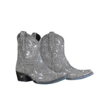 (38, Cyan) Women Retro Western Cowboy Cowgirl Embroidery Pointed Toe Ankle Boots Low Block Heel Booties Shoes Size