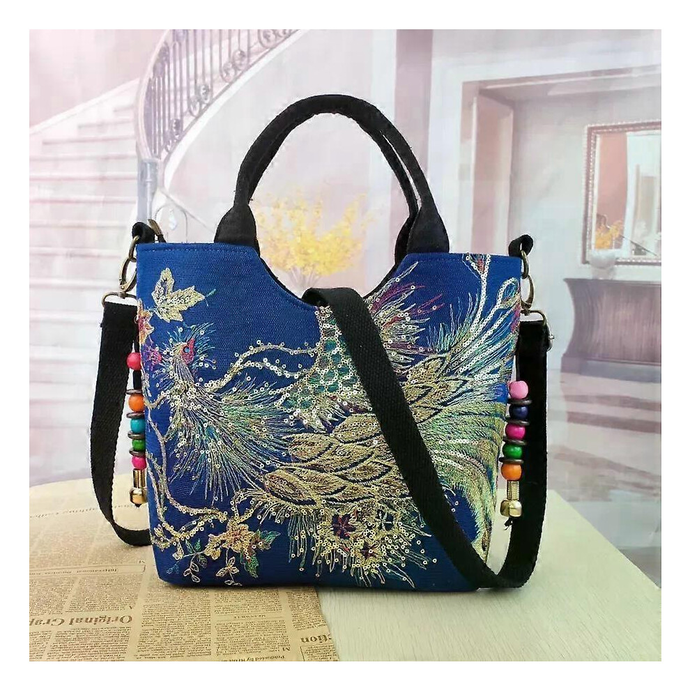 Sac à bandoulière pour femme, fait main, motif paon brillant brodé, style bohème, style rétro, grande
