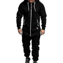 (L, Black) Men Onesie Hoodie Zip Jumpsuit Winter Casual Hooded Romper Playsuit