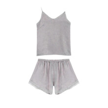 (M, Gray) Sexy Sling Girls Pajamas Solid Colour Ice Silk Sleeveless Pajamas Shorts Student Homewear Two-Piece Set Black Sexy Lace Slingbac