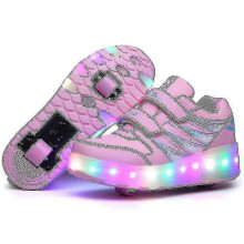 (43, Pink) Led Light Up Roller Shoes Double Wheel Usb Rechargeable Skating Shoes Black/pink