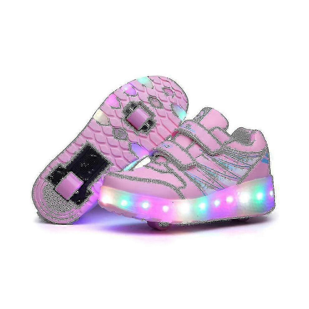 Photos - Roller Skates Kikidex  Led Light Up Roller Shoes Double Wheel Usb Rechargeable Skating Shoes Black/pink (30, Black)