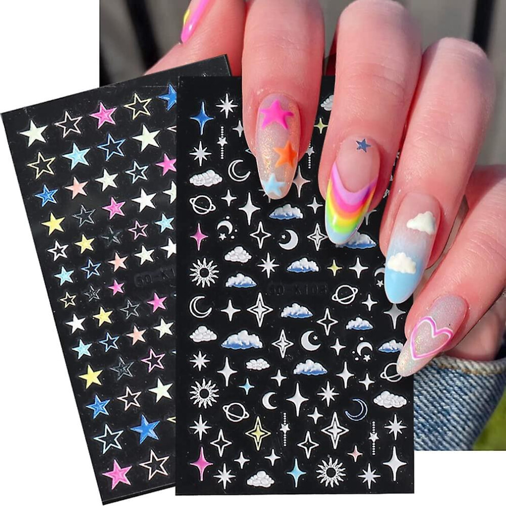 (As show, One size) Star Nail Art Stickers Decals 5d Three-dimensional Embossed Nail Art Supplies Self-adhesive Luxurious Five Pointed Heart-shaped St