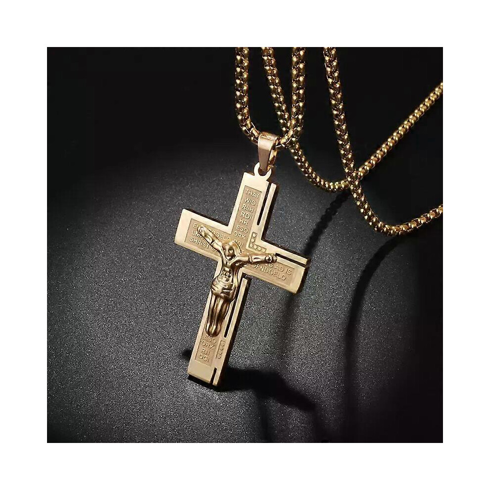 Collier pendentif religieux vintage en forme de croix catholique dorée pour homme, amulette de prière,