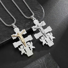 (AL20401-Guld) Vintage kristet Jesuskors rostfritt stålhänge liten ängel bönehalsband för män