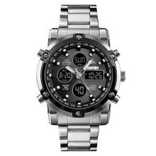 (Silver-black) Mens Wristwatch Waterproof Military Analogue Digital Watches chronograph