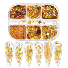 (As show, One size) Nail Art Glitters 6 Boxes Gold Holographic Glitter Nail Art Supplies Sequins 3d Metallic Nail Confetti Heart Star Moon Nail Sequins Nail Design Flakes