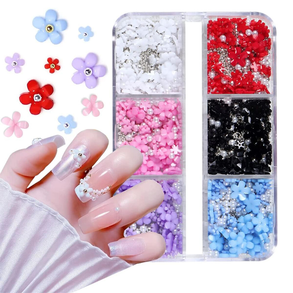 White/Pink/Blue (As Show, One Size) 3D Flower Nail Charms, 6 Grids 3D Nail Flowers Rhinestones Gems Cherry Blossom Nail Art Decals Charms For Acrylic