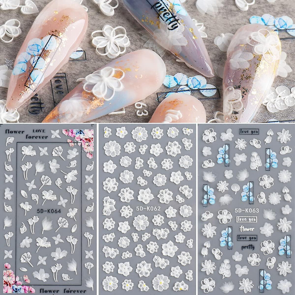 White (As Show, One Size) Flower Nail Art Stickers Decals 5D Stereoscopic Embossed Nail Stickers Nail Accessories 3D Self-Adhesive Nail Art Design Lac