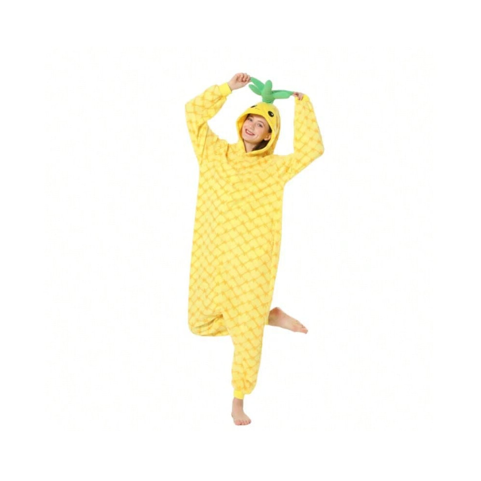 (Pineapple pajama, M For 159-168cm) Pineapple Cartoon Jumpsuit Fruit Pajama Autum Winter Thick Fleece Warm Home Clothes Cute Men Women Halloween Cosplay Onesie
