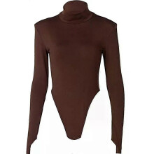 Body sexy de manga larga con escote en V y abertura para el pulgar para mujer, cuello alto, color liso,