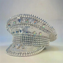 Cappello da sposa da donna, con strass, di lusso, con rivetti punk e pietre preziose in acrilico, per