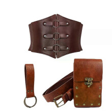 Bolsa de cinturón de cuero sintético medieval de 3 piezas y anillo de rana, estilo vintage renacentista,