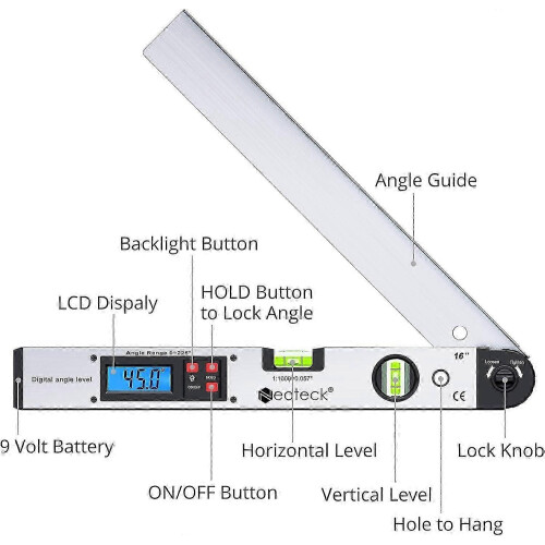 (As show, One size) 0~225 Digital Goniometer 400mm LCD Backlight Protractor 1