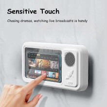 (White) Shower Phone Holder with Wireless Bluetooth Speaker, Waterproof 480 Rotation Viewable Shower Phone Stand Case Mount Speakers