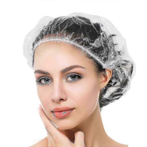 (As show, One size) 100 Pieces Large Thickened Clear Plastic Elastic Disposable Shower Caps