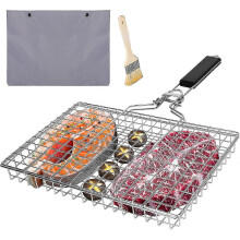 (As show, One size) Stainless Steel BBQ Grill Fish Basket with Handle - Portable Rack for Outdoor Grilling
