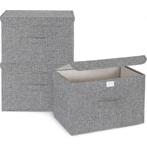 (As show, One size) Fabric Storage Boxes With Lids 3Pcs - Foldable Linen Boxes for Wardrobe 372425cm