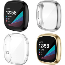 (As show, One size) 4-pack Screen Protector Case Compatible With Fitbit Sense / Versa 3, Soft Tpu Plated Bumper Full Cover Protective Cases