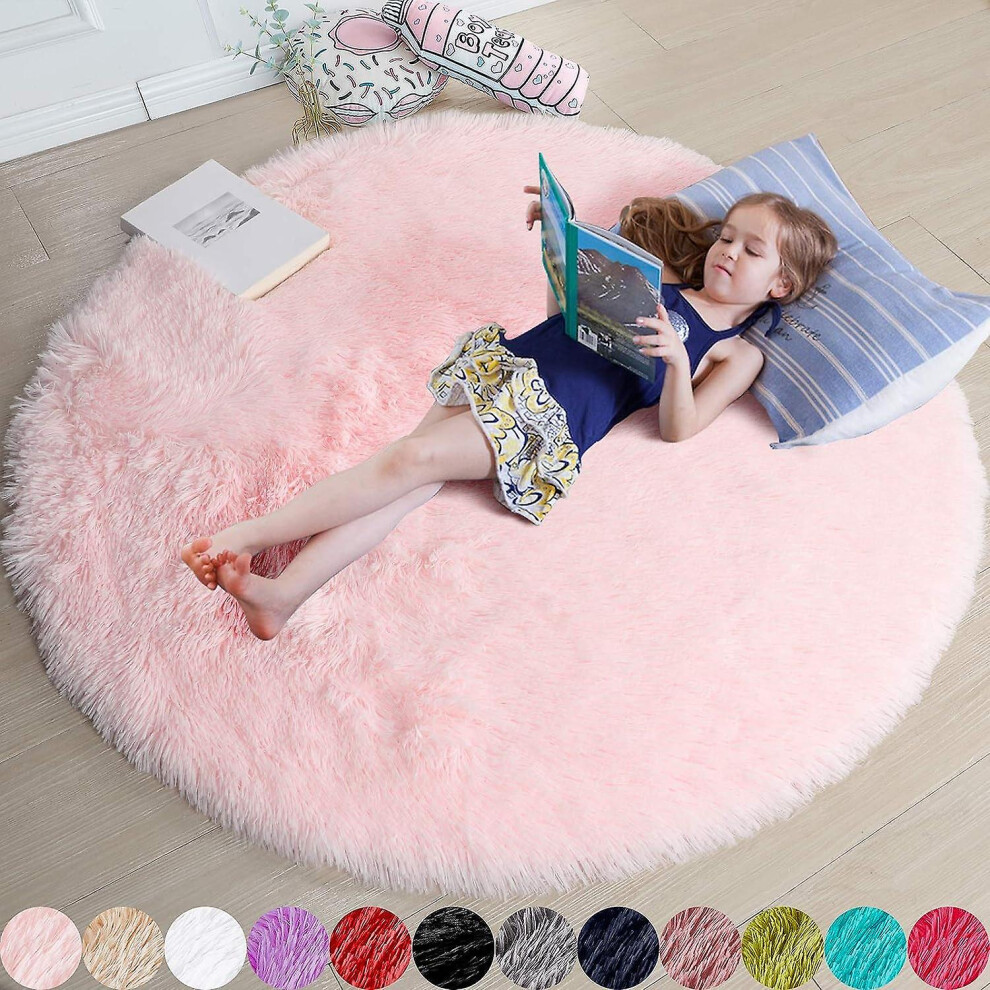 (As show, One size) Blush Round Rug For Bedroom,fluffy Circle Rug 4'x4' For Kids Room,furry Carpet For Teen Girls Room,shaggy Circular Rug
