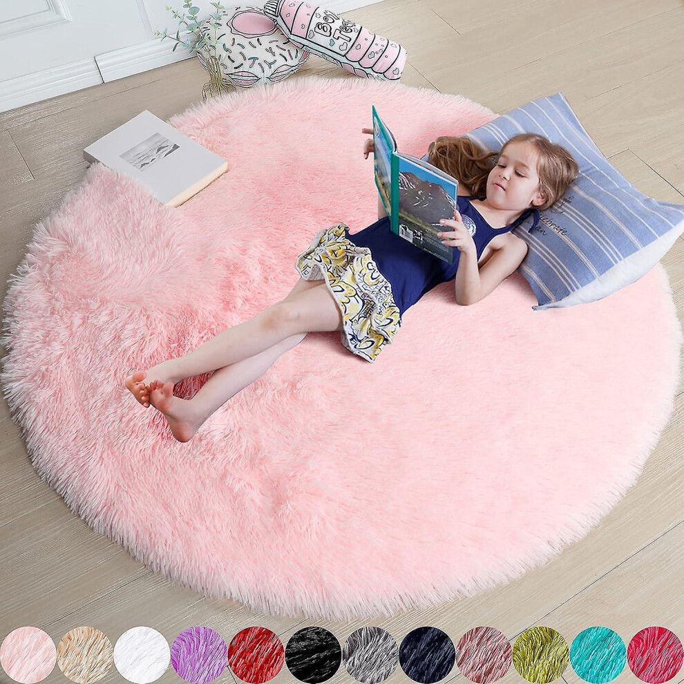 (As show, One size) Blush Round Rug For Bedroom,fluffy Circle Rug 4'x4' For Kids Room,furry Carpet For Teen Girls Room,shaggy Circular Rug