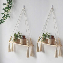 (2pcs) Macrame Wall Hanging Shelf, Wood Floating Shelves Boho Wall Decor, Adjustable Rustic Plant Storage Rack Holder with Tassels for Hanging Plants