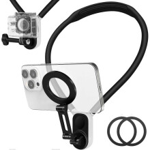 (Black) Magnetic Neck Cell Phone Holder, Sports Camera Mount, POV/Vlog Selfie Mount, Hand Free Phones and Sports Camera Neck Holder