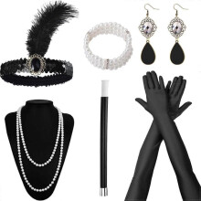 (A) 1920s Accessories for Women, Gatsby Accessories Women Set Fashion Roaring 20's Theme Headband Long Black Gloves Necklace Earrings Cosplay