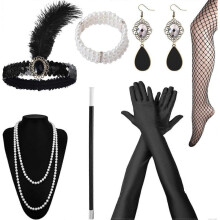 (B) 1920s Accessories for Women, Gatsby Accessories Women Set Fashion Roaring 20's Theme Headband Long Black Gloves Necklace Earrings Cosplay