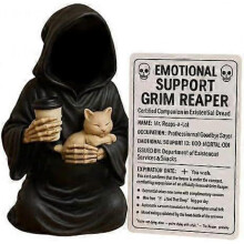 (A) Emotional Support Grim Reaper, Hand-Painted Resin Gothic Grim Reaper Statue Holding Coffee & Cat with Emotional Support Card