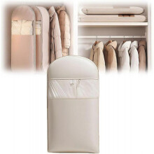 (begie L) Space Saving Hanging Garment Bag with Self Compression Zipper,Space Saver Closet Organizers,Dust Cover Clothes Bags for Down Coat Hanging