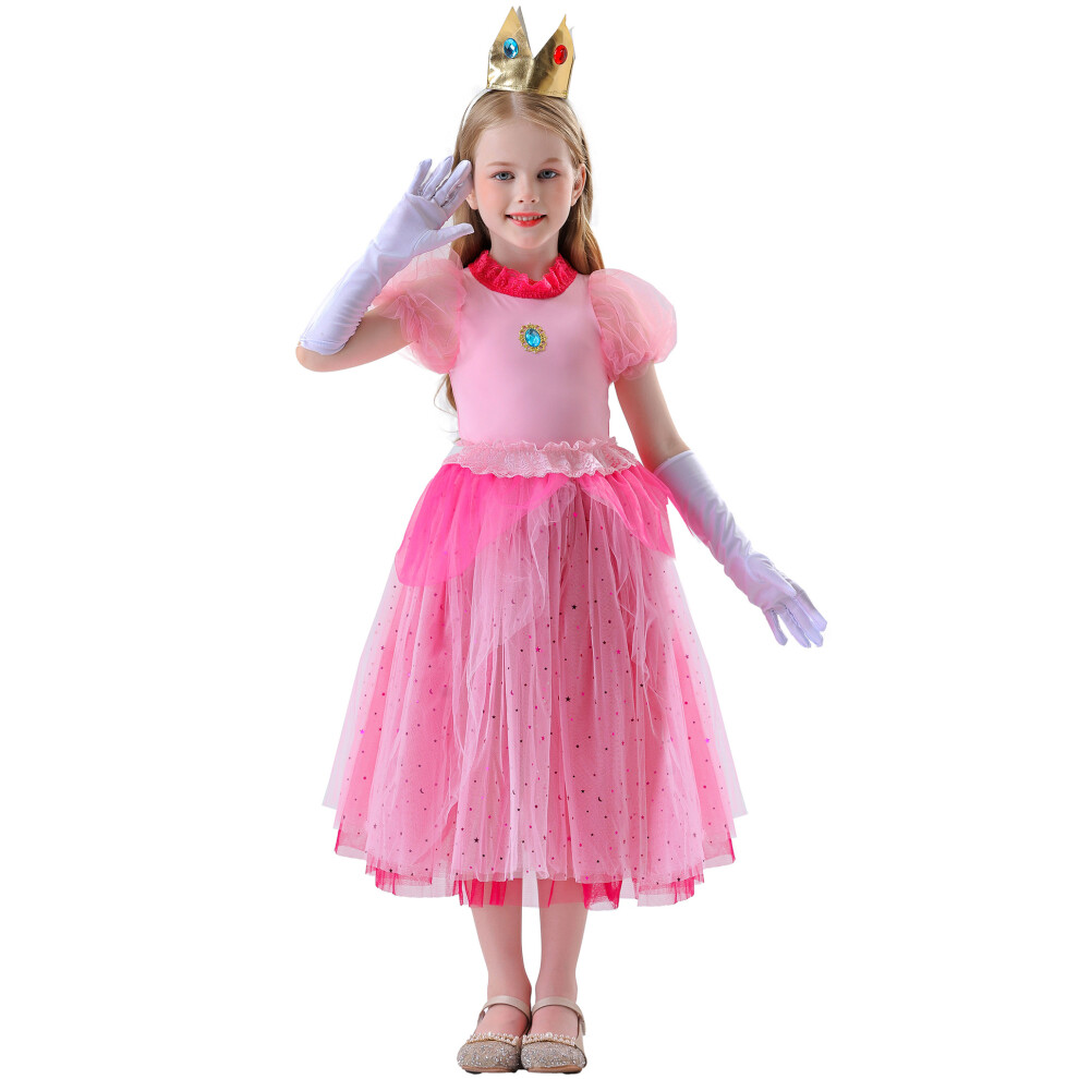 (120Cm) Princess Peach Dress - Girls' Formal Gown With Gloves & Tiara Pink
