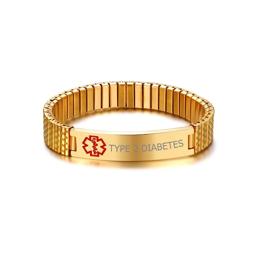 (TYPE 2 DIABETES) Spring Women Men Medical Alert ID Stretch Bracelet Gold Plate Engraving Hot