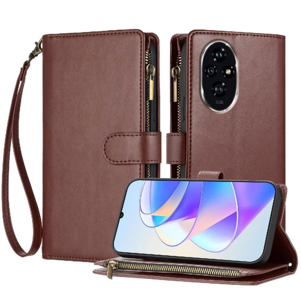 (Brown) Long Strap Case For Honor 200 Pro Flip Folio Shockproof Wallet Kickstand Zipper 8 Card Slots Holder Protecive Brown 764563583058