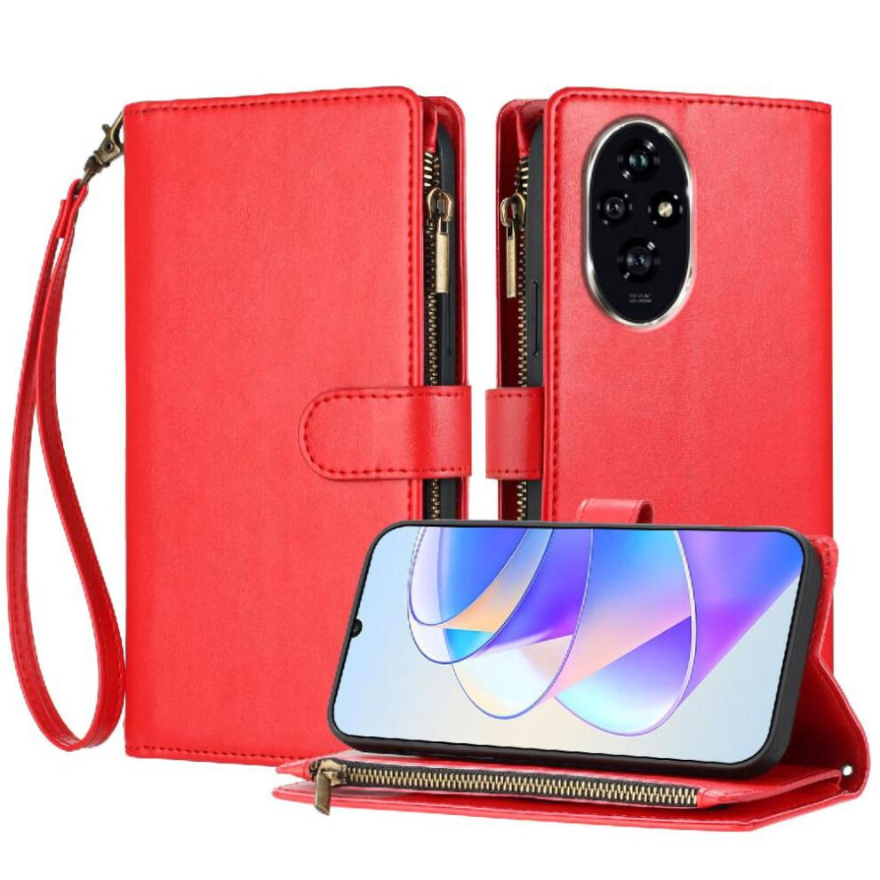 (Red) Long Strap Case For Honor 200 Protecive Shockproof 8 Card Slots Holder Flip Folio Wallet Kickstand Zipper Red 764563583096