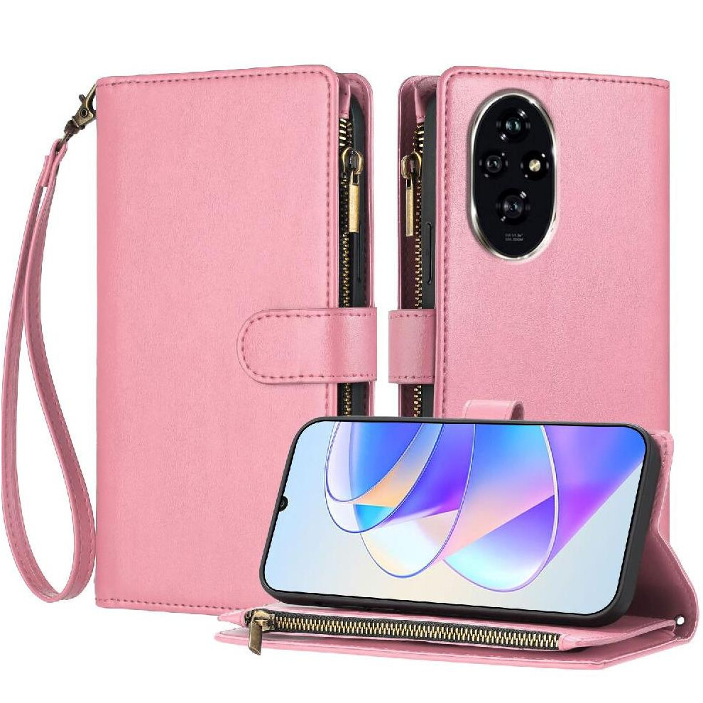 (Pink) Long Strap Case For Honor 200 Protecive Shockproof 8 Card Slots Holder Flip Folio Wallet Kickstand Zipper Pink 764563583119