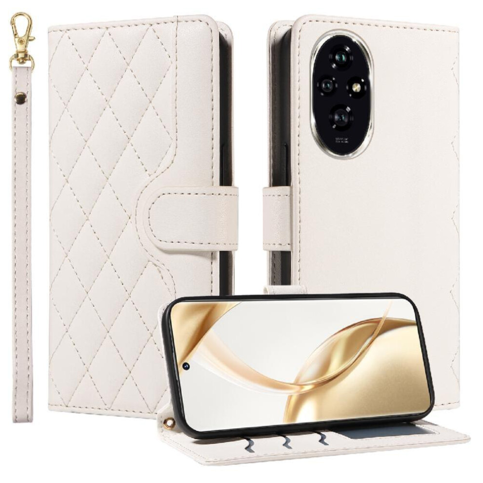(White) Flip Case For Honor 200 Lattice Flip Folio Phone Case With Stand Wallet Card Slots Detachable Wrist Strap And Long Lanyard White 764563584291