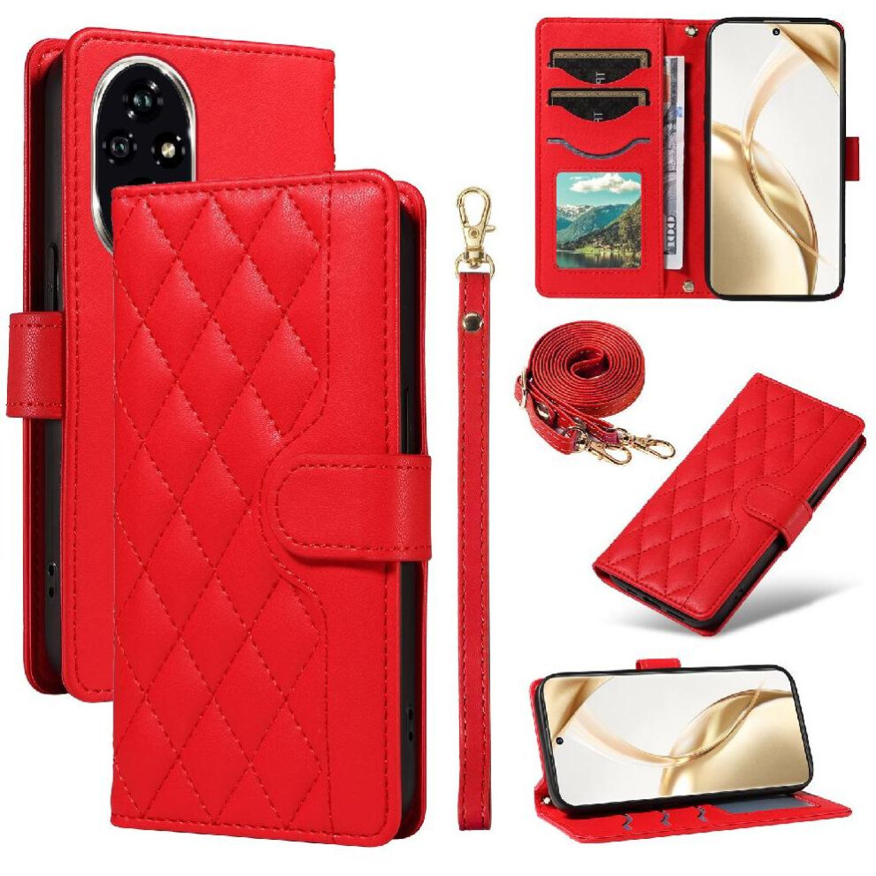 (Red) Flip Case For Honor 200 Lattice Flip Folio Phone Case With Stand Wallet Card Slots Detachable Wrist Strap And Long Lanyard Red 764563584253