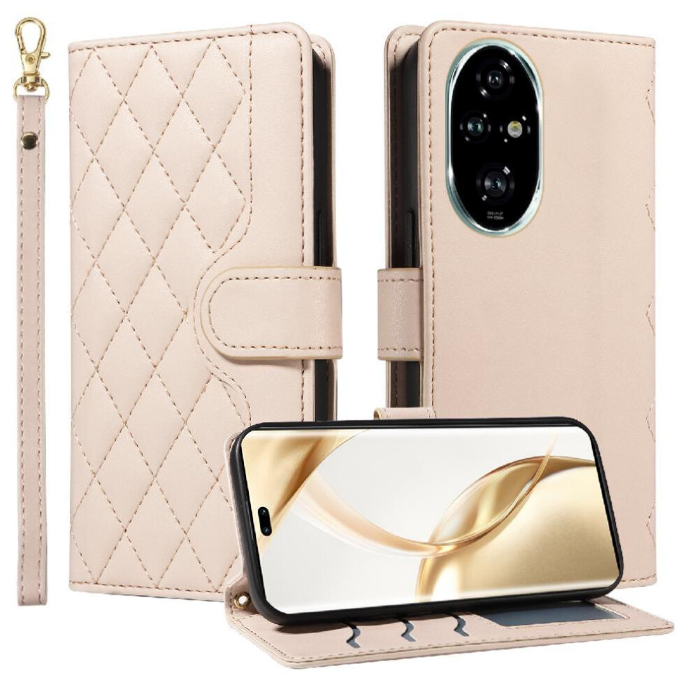 (Creamy ) Flip Case For Honor 200 Pro Lattice Flip Folio Phone Case With Stand Detachable Wrist Strap And Long Lanyard Wallet Card Slots White 764563584345