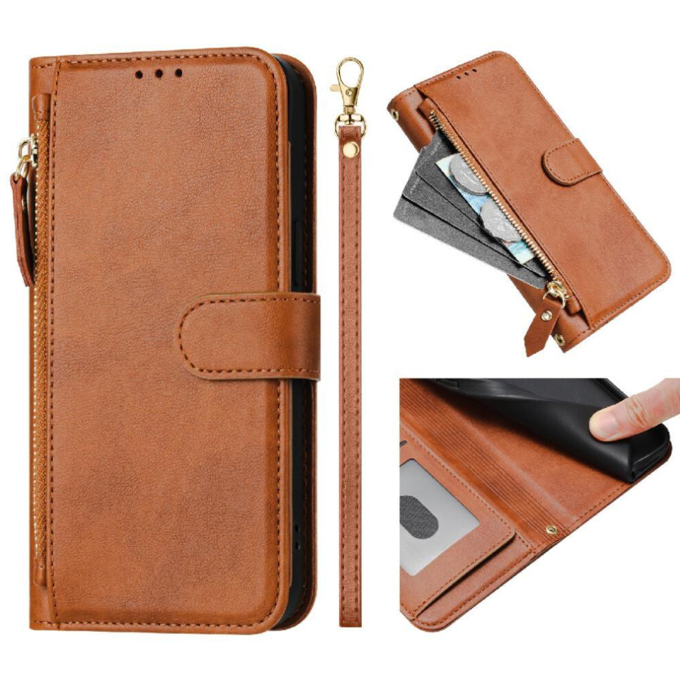 (Brown) Flip Case For Honor 200 5G Zipper Card Holder Pu Leather Magnetic Brown 764563584499
