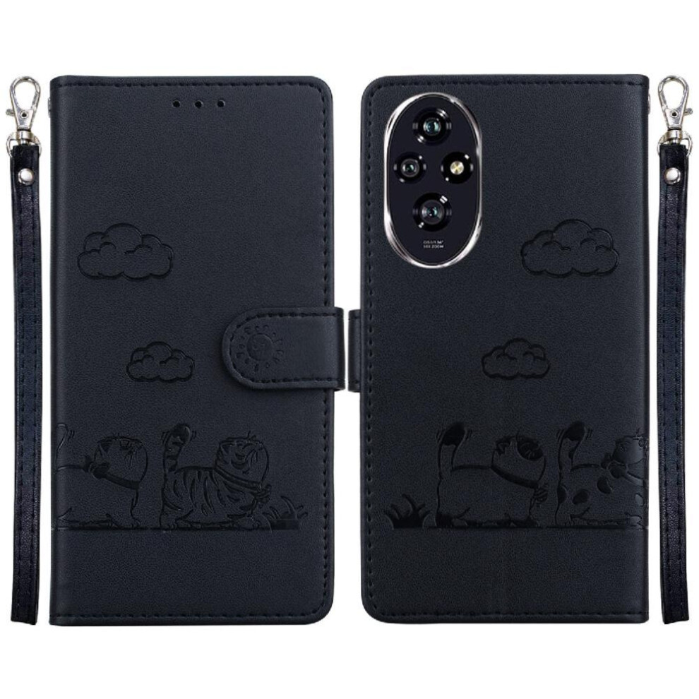 (Black) Flip Case For Honor 200 5G Leather Wallet Card Slot Holder Kickstand Cat Rfid Black 764563584611
