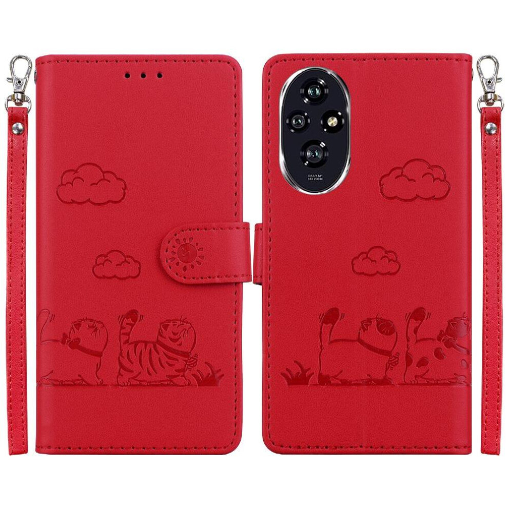 (Red) Flip Case For Honor 200 5G Leather Wallet Card Slot Holder Kickstand Cat Rfid Red 764563584598