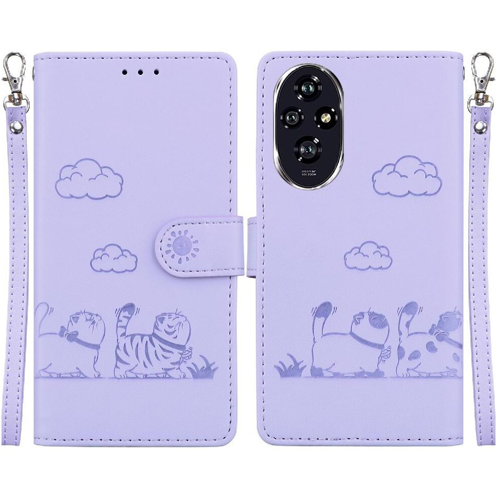(Purple) Flip Case For Honor 200 5G Leather Wallet Card Slot Holder Kickstand Cat Rfid Purple 764563584581