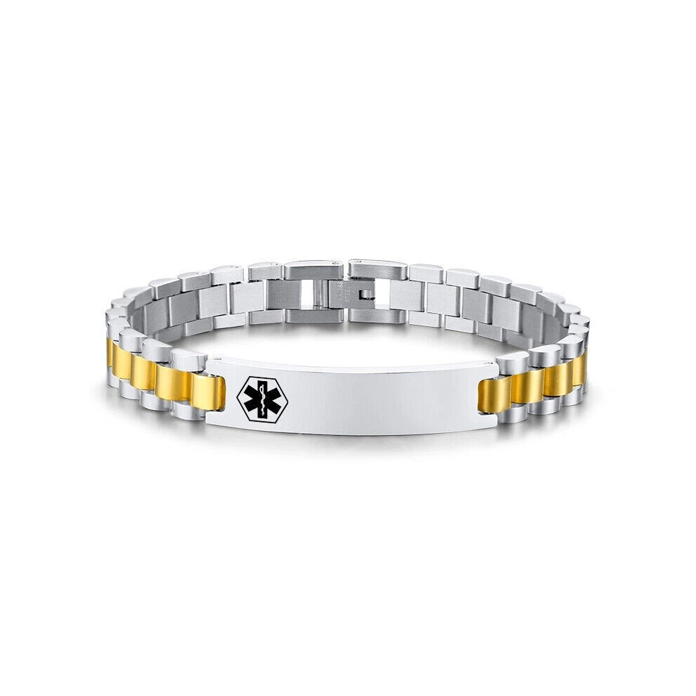 (Gold&Silver, DNR(DO NOT RESUSCITATE)) Personalized Engraving Medical Alert ID Men's Byzantine Bracelet Chain Gift Hot-image-OPC-PHM7F75-NEW