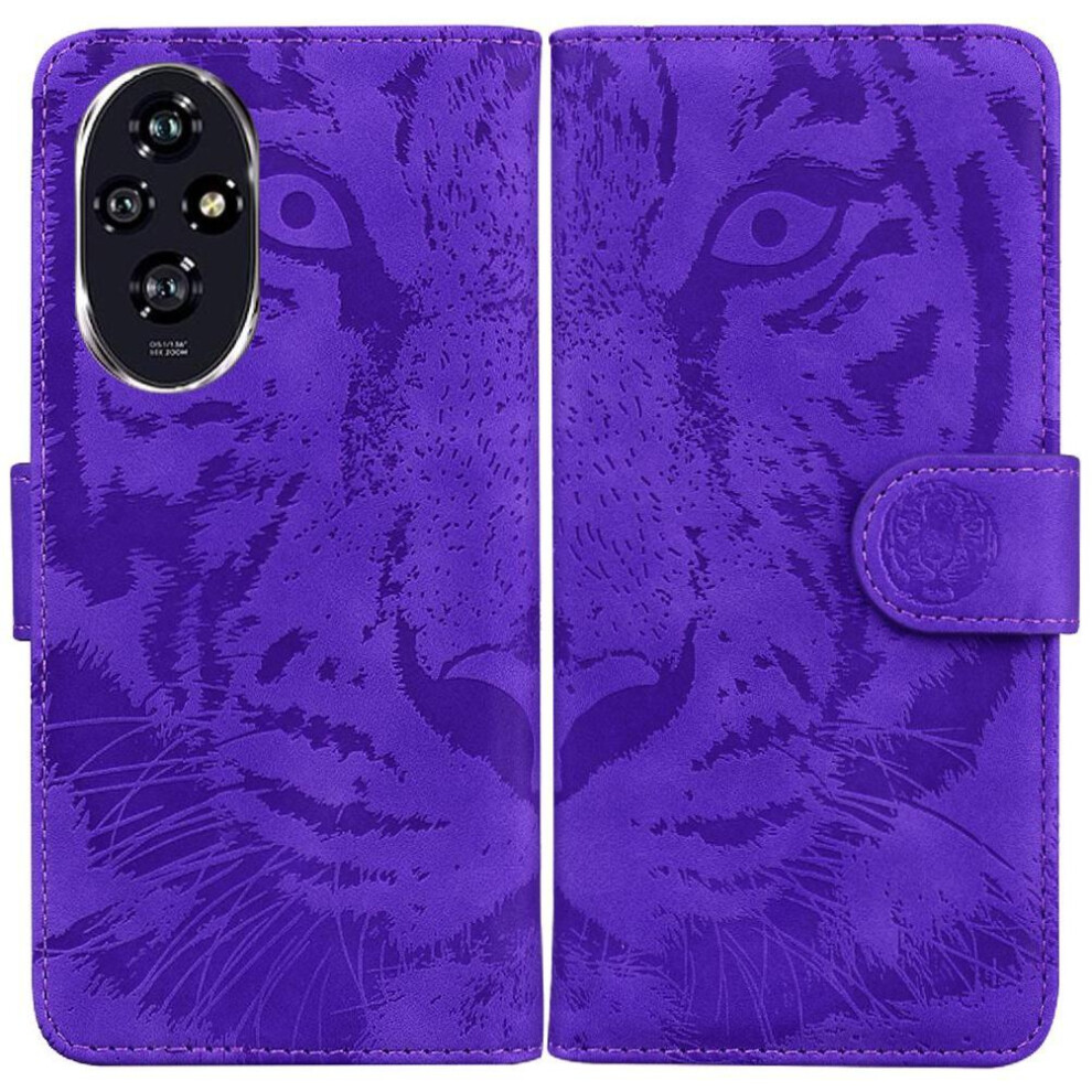 (Purple) Flip Case For Honor 200 5G Kickstand Protective Leather Wallet Embossed Cute Tiger Purple 764563585953